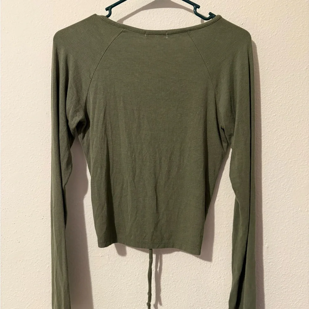 Olive Green Long Sleeve Ruched Top - Size Small